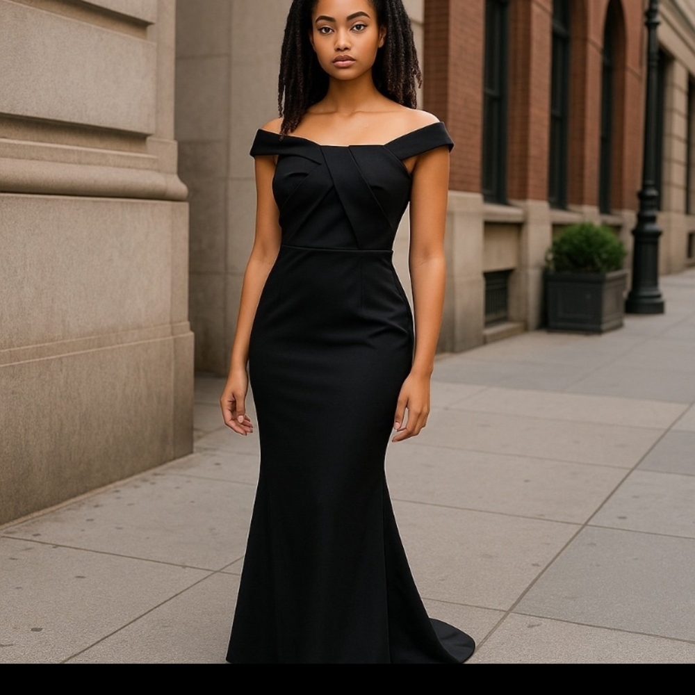May Queen Black Off-Shoulder Cap Sleeve Gown